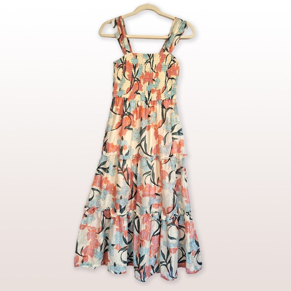 Land of the Free Boho Floral Tiered Maxi Dress Smock Top Size XS